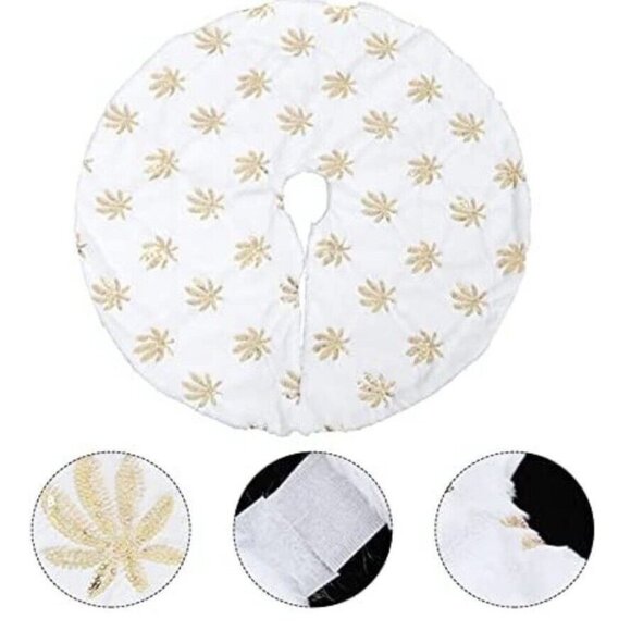 Christmas Tree Skirt White Soft Thick Golden Maple Leaf Decoration 30"/30" (sk13 - Picture 2 of 6